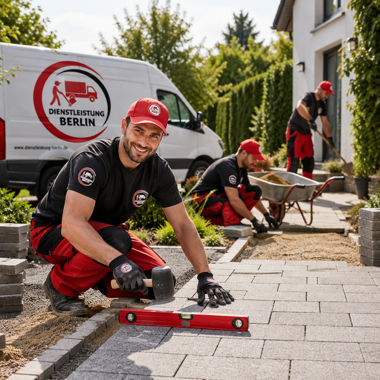 Zeidfirma bei Pflasterarbeiten im Außenbereich